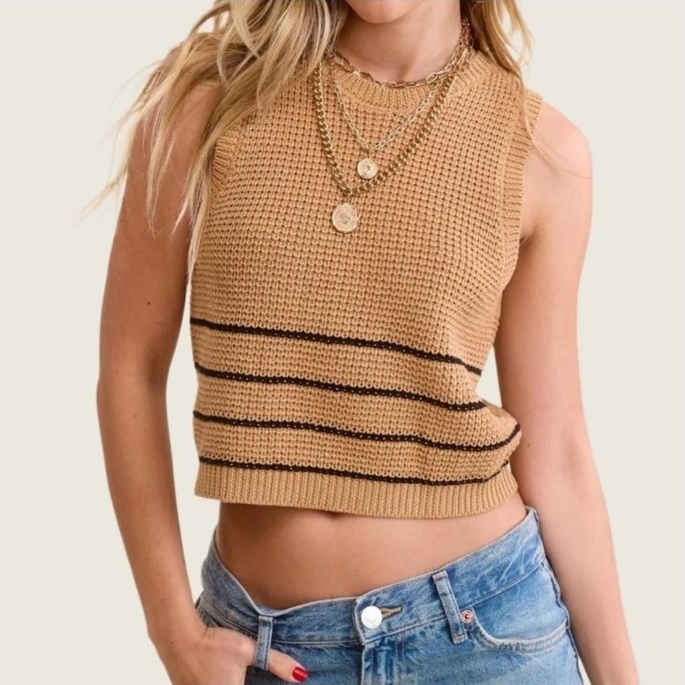Tan Ribbed Sleeveless Crop Tank Top